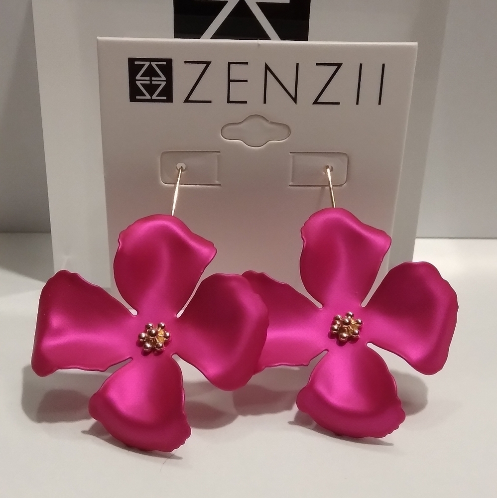 Hot Pink Metallic/18K Gold Handpainted Petals Earrings, 2.5"